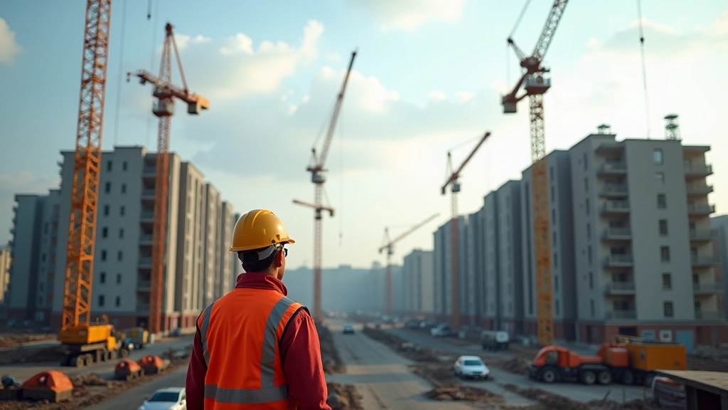 Baustelle mit Kränen und Bauarbeitern, neues Wohnprojekt in Entstehung, Bonn Stadtrand