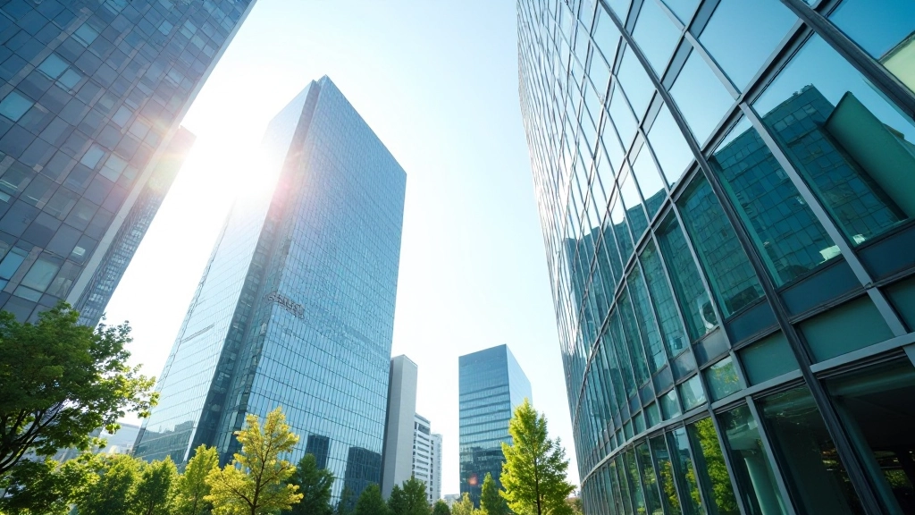 Moderne Bürogebäude mit Glasfassade in der Bonner Innenstadt, sonniger Morgen, klare Linien